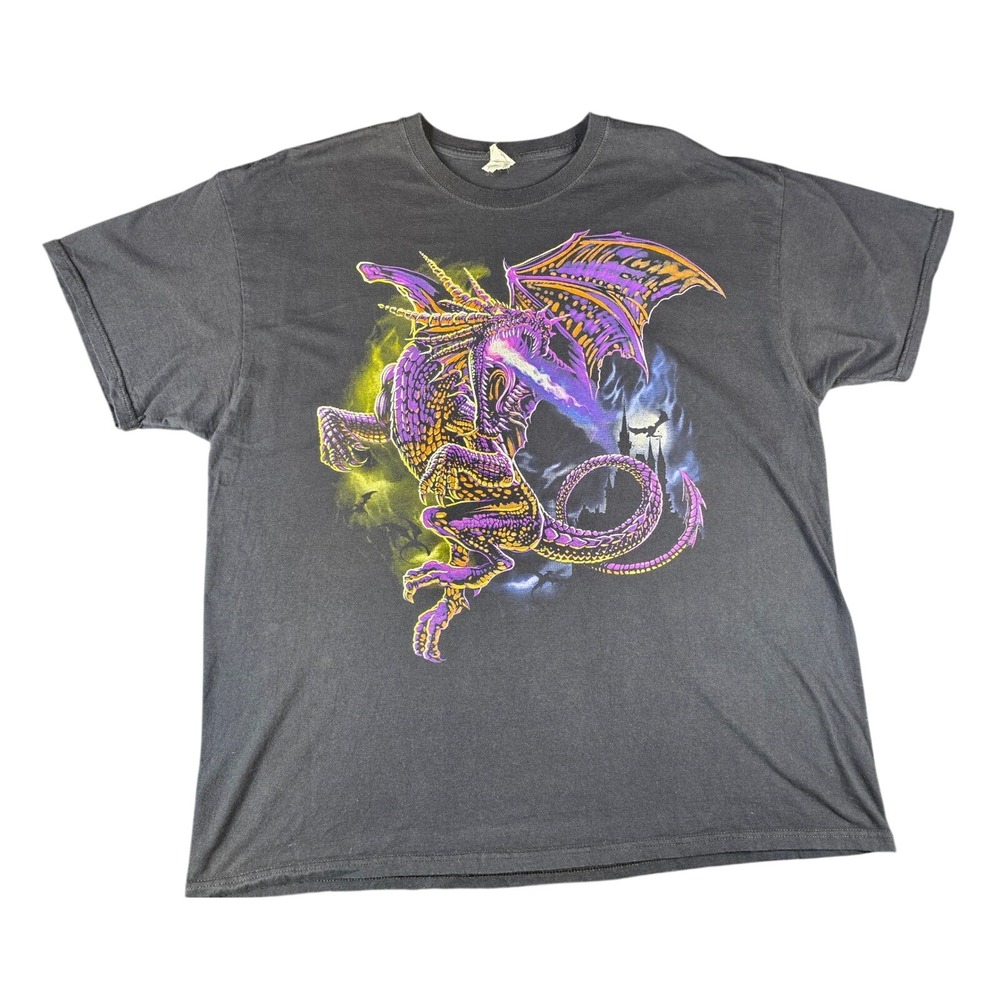 Jerzees HiDensi-T Vintage Y2K Dragon Graphic T-Shirt Mens 2XL Black Fantasy Fire